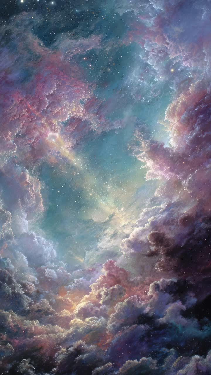 A mesmerizing cosmic scene with swirling clouds and stars, captured from a low angle, perfect