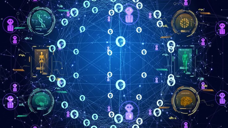 Animation of globe with networks of connections, scientific data processing and ai icons