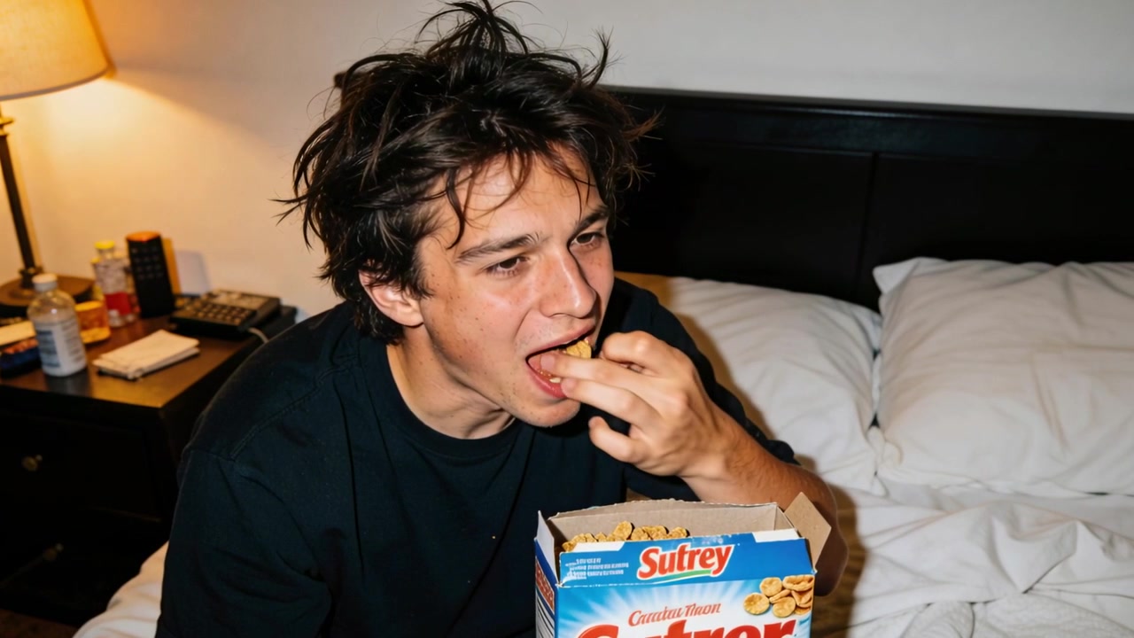 Homem de camiseta preta pegando um pedaço de cereal, mordendo, mastigando e engolindo na cama, com uma caixa de Sutrey por perto