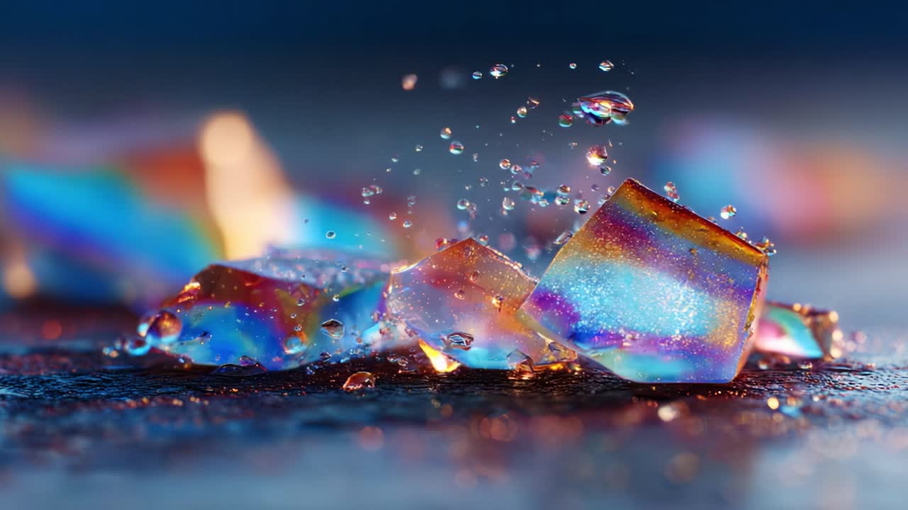 Captivating Close-Up of Iridescent Ice Fragments Sparkling with Water Droplets, Highlighting Light Reflections and Translucent Textures in an Artistic Display