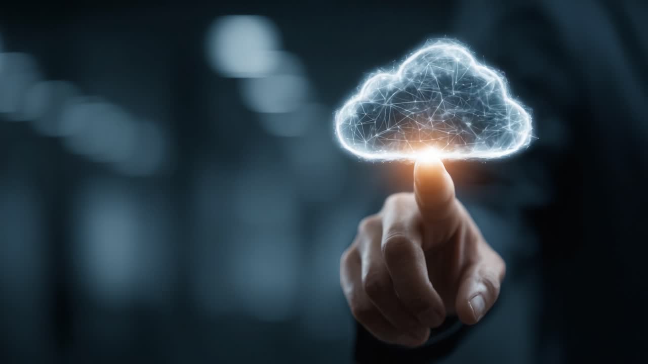 Innovative Cloud Technology Demonstration: A Hand Reaching Out to Interact with a Virtual Cloud Interface, Showcasing Modern Connectivity and Data Management Solutions