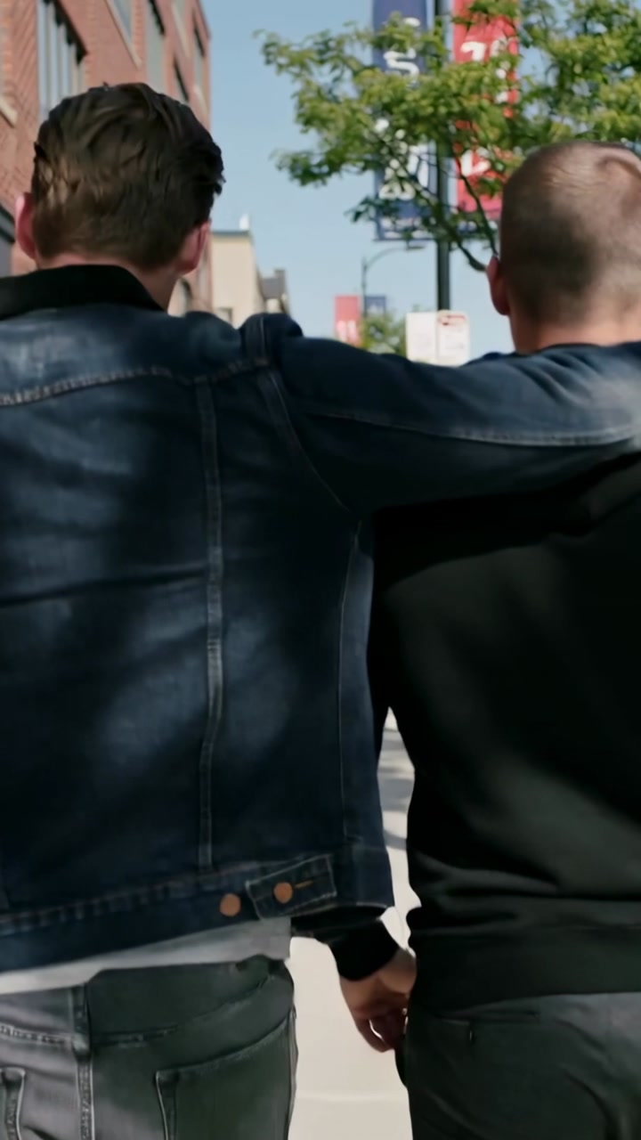 Vertical video: Two men walking sidewalk after denim jacket draping arm, with black sweatshirt