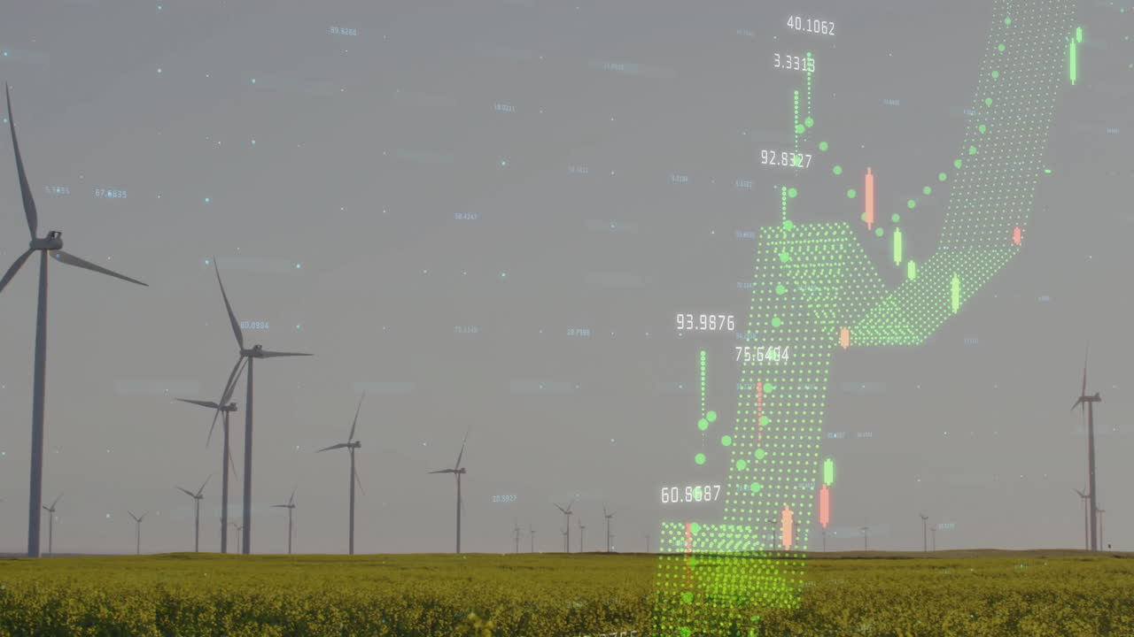 Wind turbines in field with financial data and graphs overlay animation