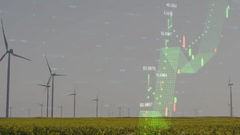 wind turbines in field with financial data and graphs overlay animation