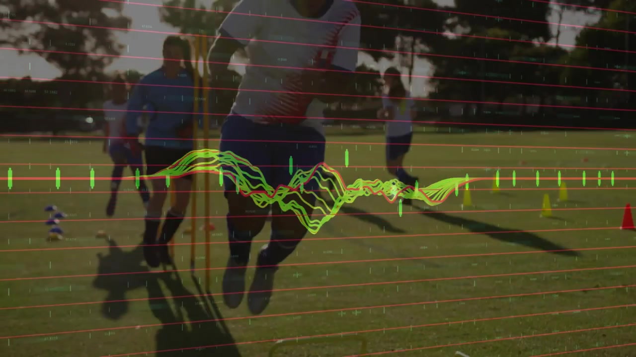 Coach signaling athlete running ladder then dribbling in sports training with pulsing graph overlay