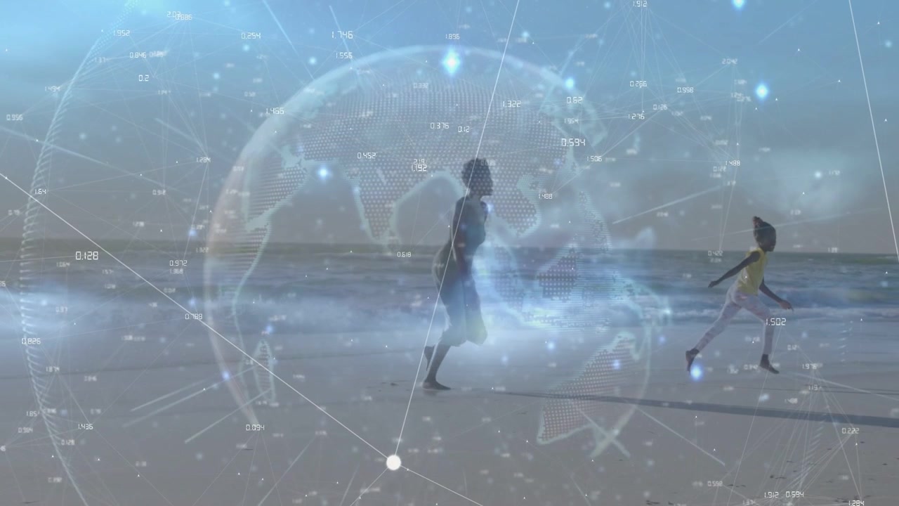 Mom holding hands walking sand while child letting go running and playing, digital globe overlaying