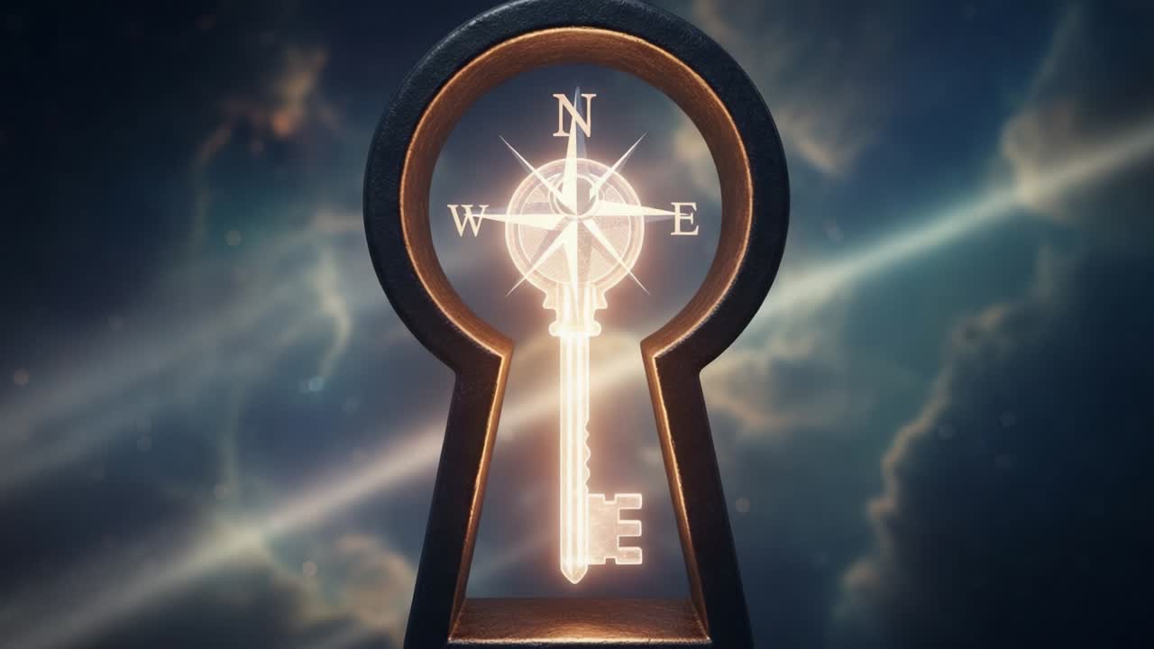An Intriguing Perspective Through a Keyhole, Featuring a Radiant Compass and Key, Symbolizing Direction and Discovery in a Cosmic Landscape