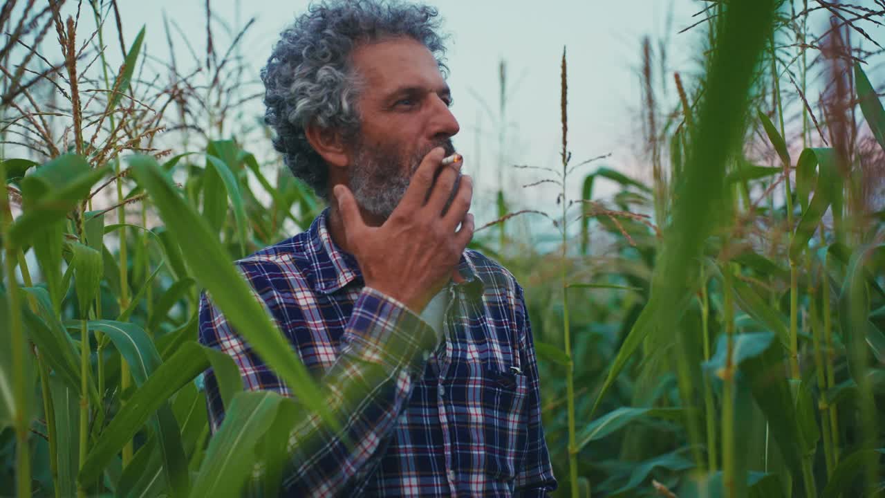 Mature Farmer Smoking in Cornfield