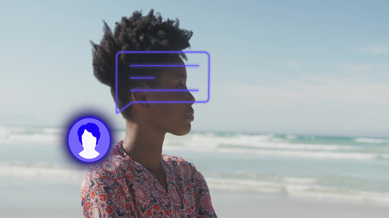 Profile icon and text animation over person standing on beach