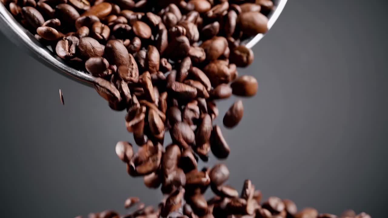 Nærbilledvideo af kaffebønner, der hældes ud af en skråtstillet kop mod en mørk baggrund