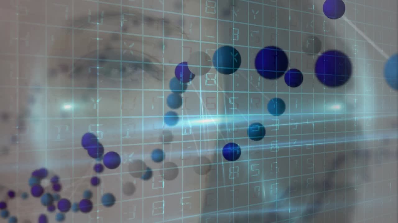 animación de adn y diversos datos sobre el ojo de una mujer caucásica en el fondo