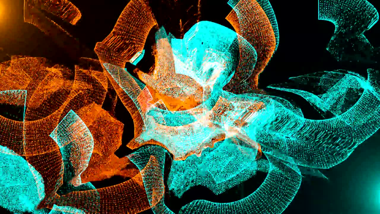 desplazamiento de partículas en el espacio 3d con iluminación, fondo generado por computadora de renderización 3d