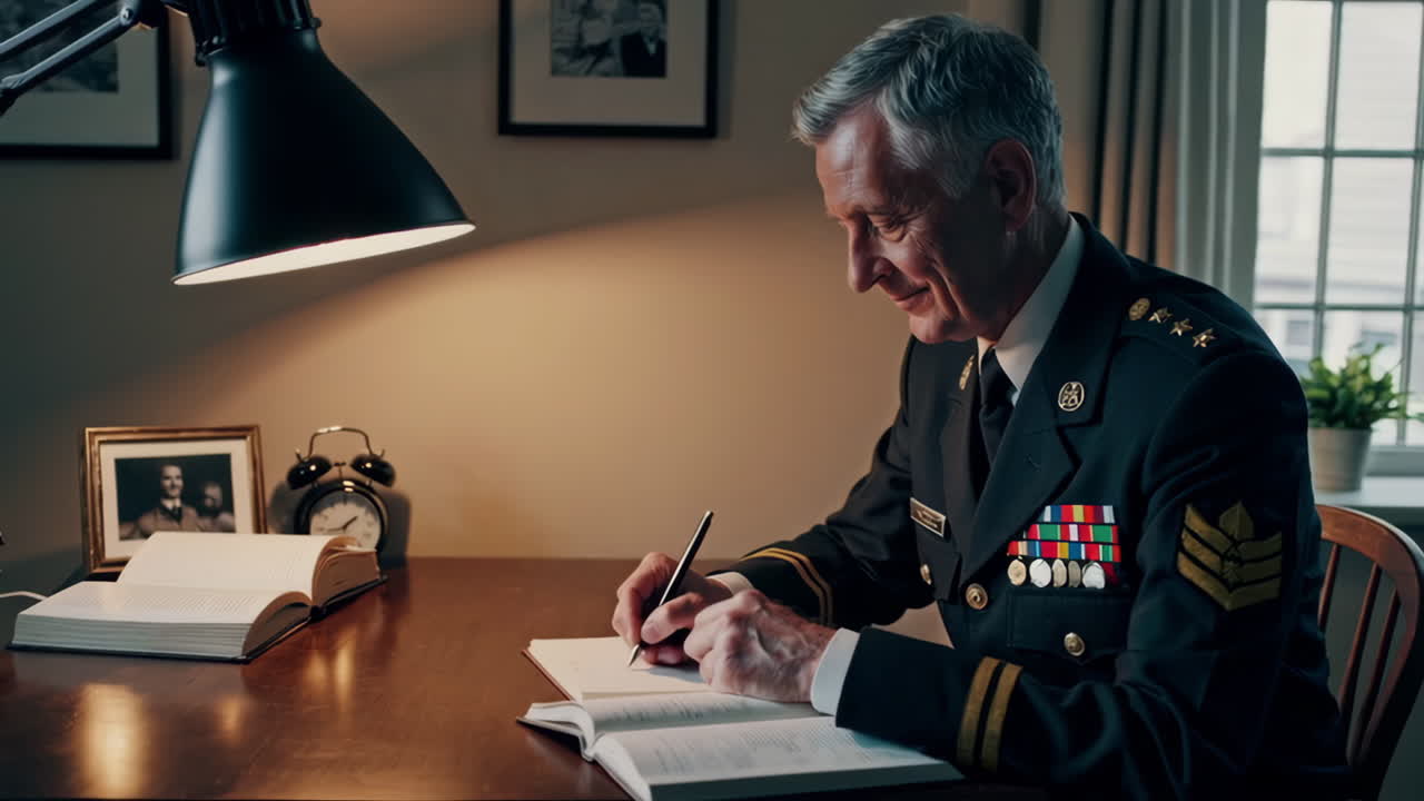 Man in military uniform writing at a desk
