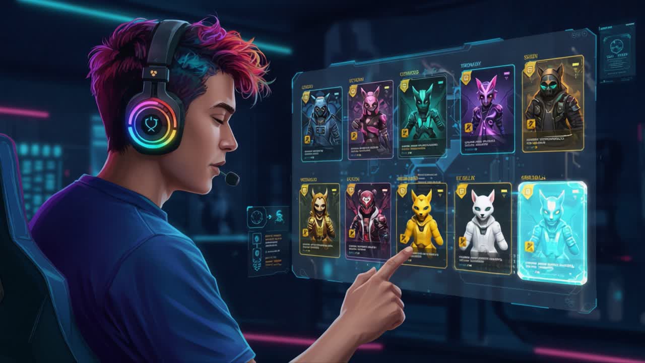 A Young Gamer Engaged in Virtual Strategy, Analyzing Character Cards and Making Tactical Decisions in a Futuristic Gaming Environment with Neon Accents