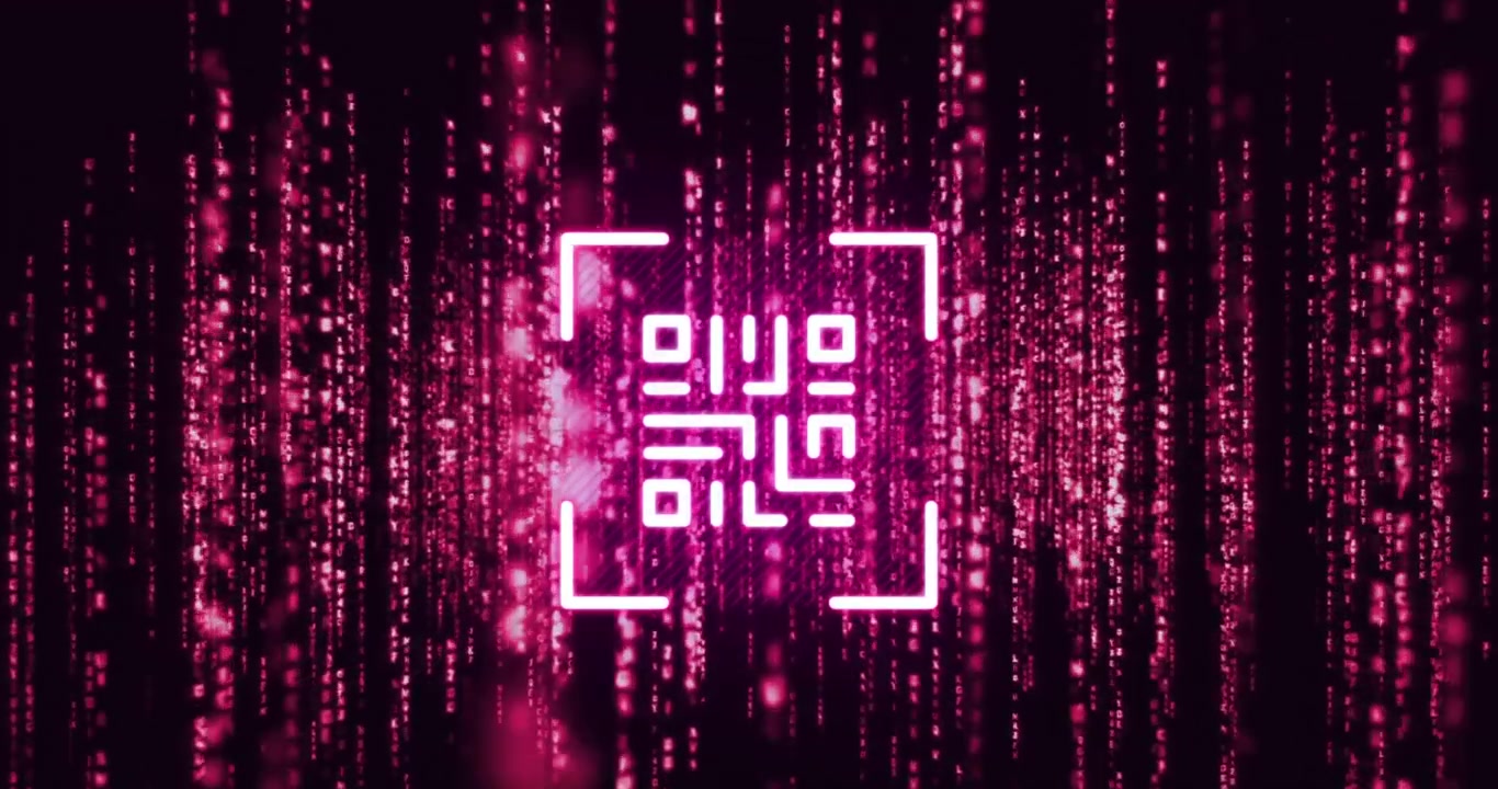 Animation of qr code scanner over neon pink light trails against black background