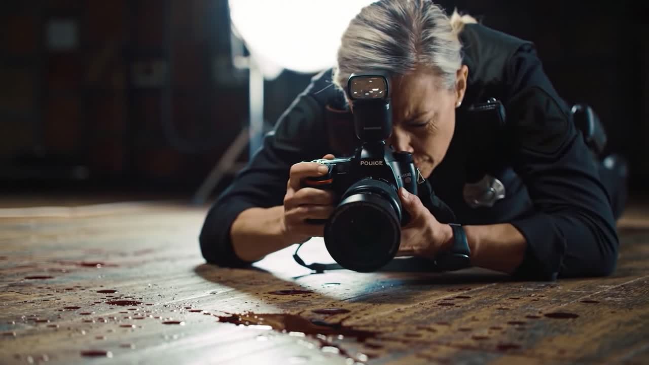 An officer is seen carefully photographing a bloodstain on a wooden floor while conducting a thorough investigation at the crime scene. The focus is on precise evidence collection.