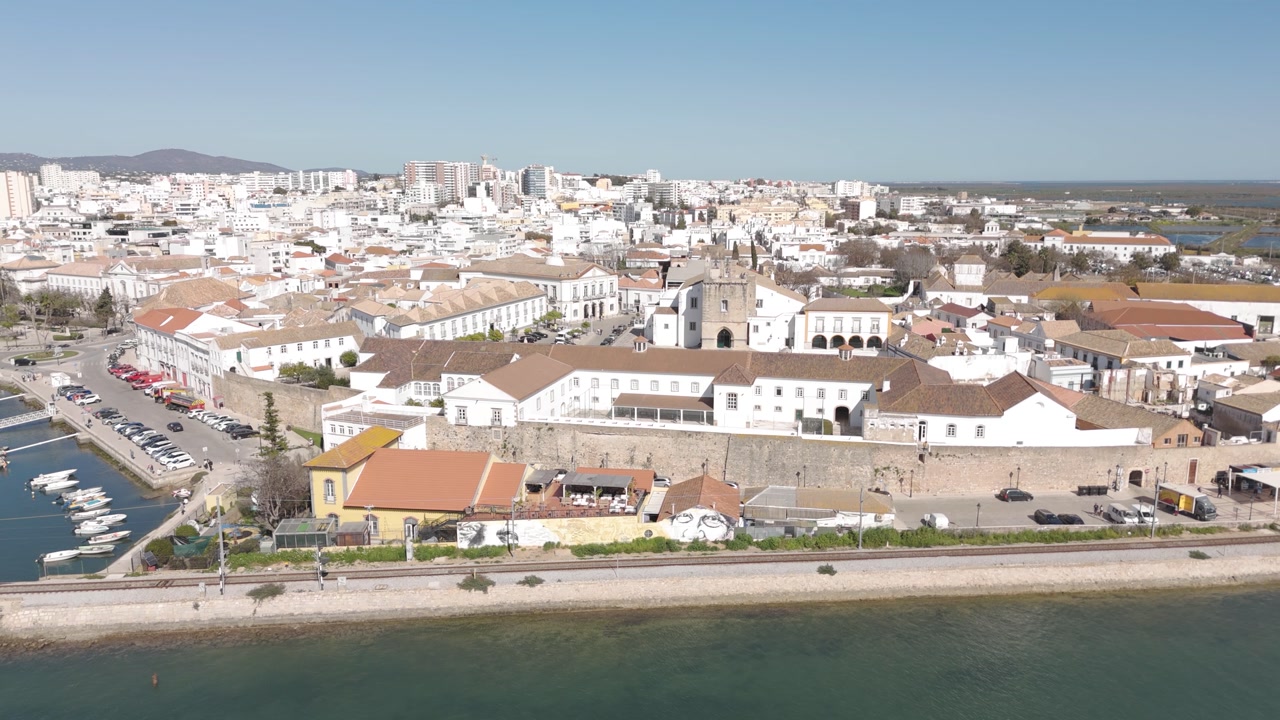 Aerial view capturing the charm and architecture of Faro’s Old Town, Portugal.