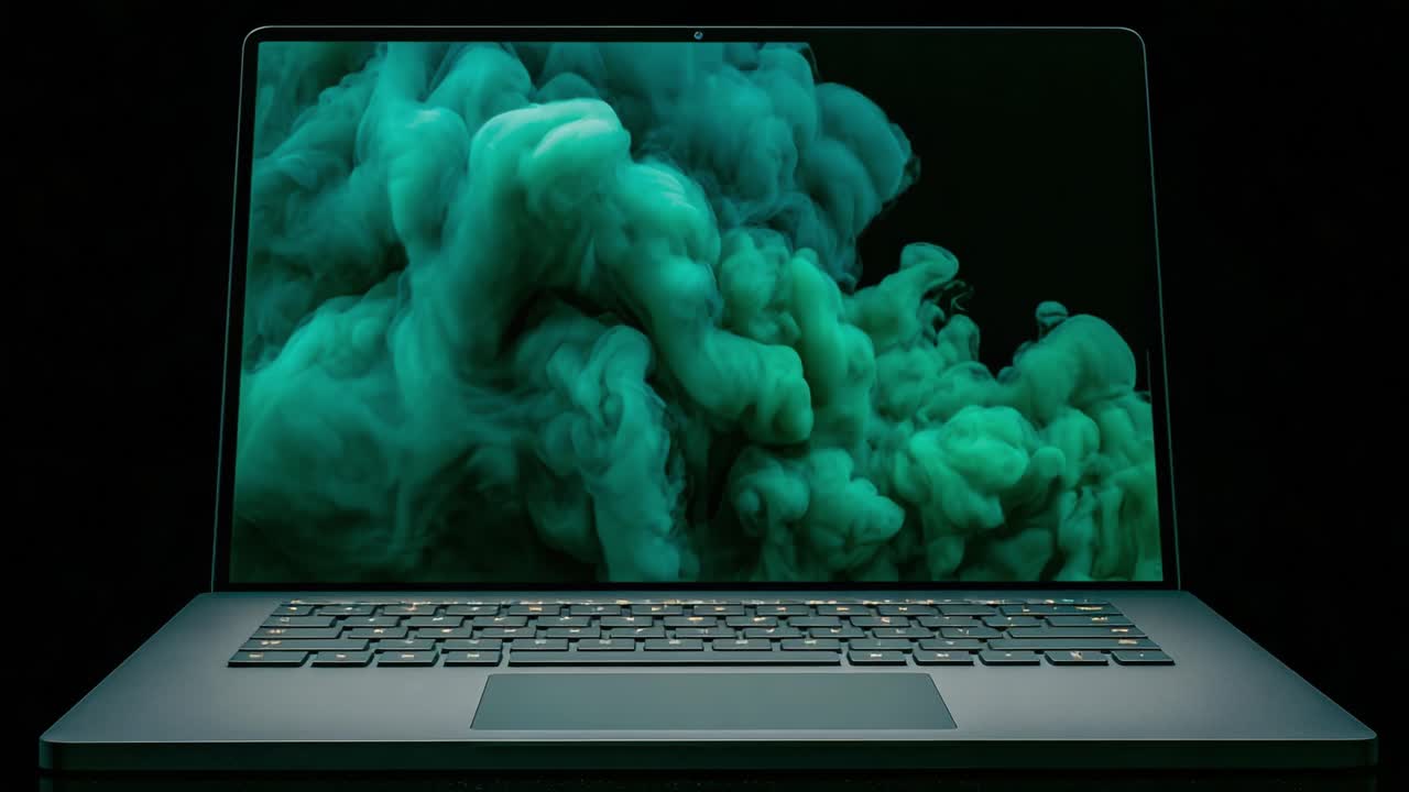 A Captivating Display of Ethereal Green Smoke on a Modern Laptop Screen, Showcasing Artistic Liquid Manipulation and Fluid Dynamics in a High-Tech Setting