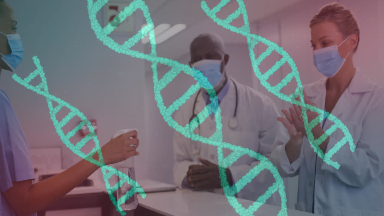 Animation of dna strands and data processing over diverse doctors in hospital