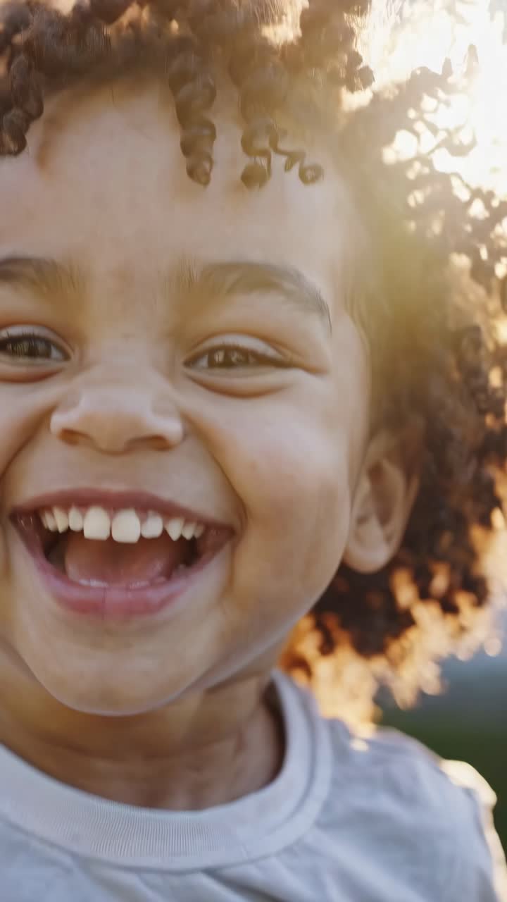 Imagem estática de vídeo em close-up de uma criança alegre rindo, capturada ao nível dos olhos.
