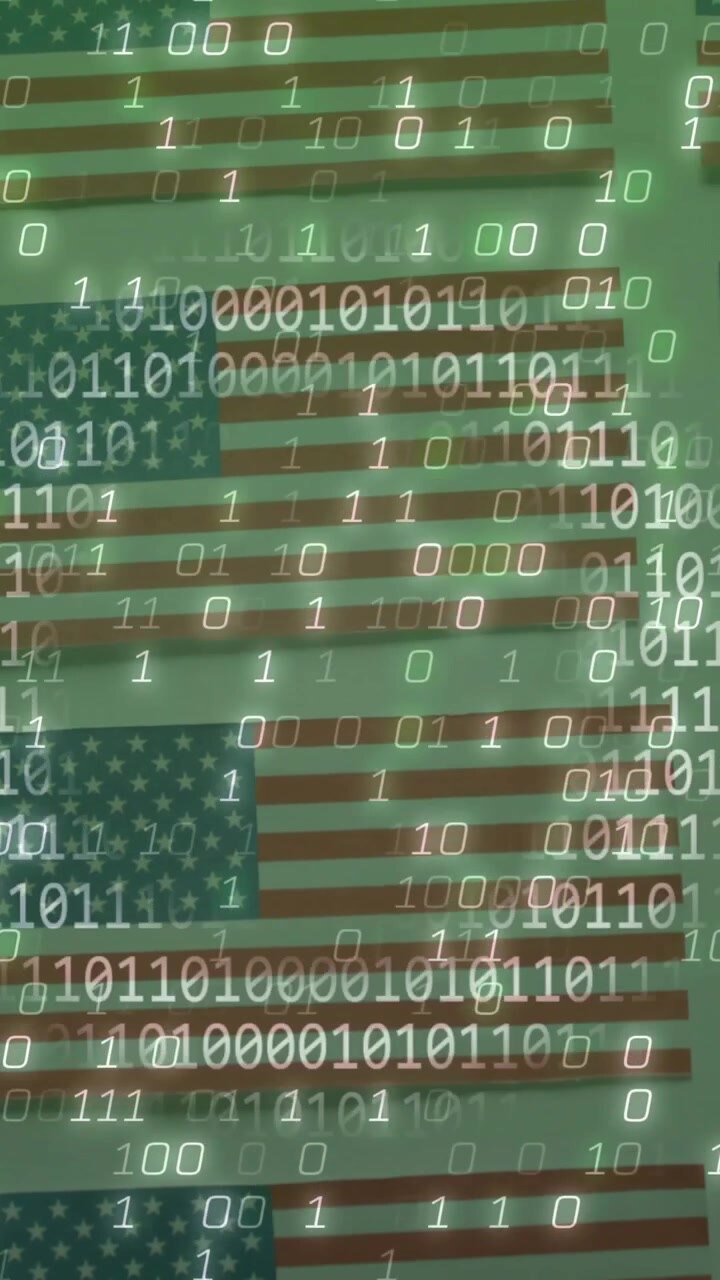 American flags with binary code animation overlay, moving in loop