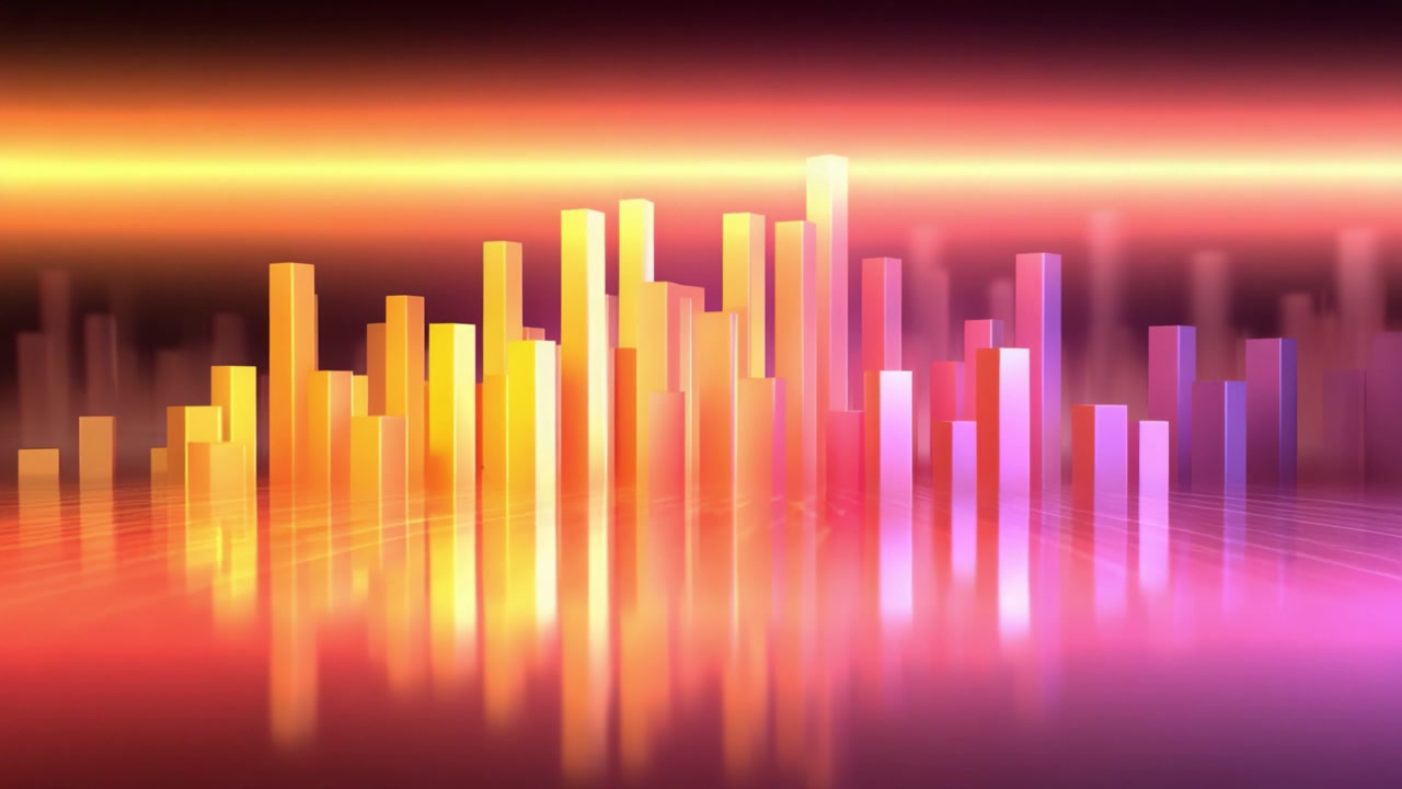 Dynamic Visual Representation of Sound Waves with Colorful Vertical Bars Reflecting on a Glossy Surface in a Futuristic Environment
