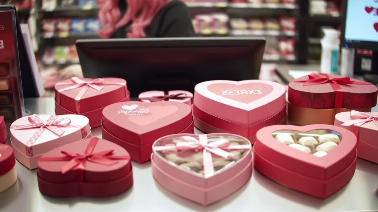 A Colorful Display of Heart-Shaped Candy Boxes Perfect for Special Occasions and Celebrations, Featuring Assorted Chocolates and Decorative Ribbons