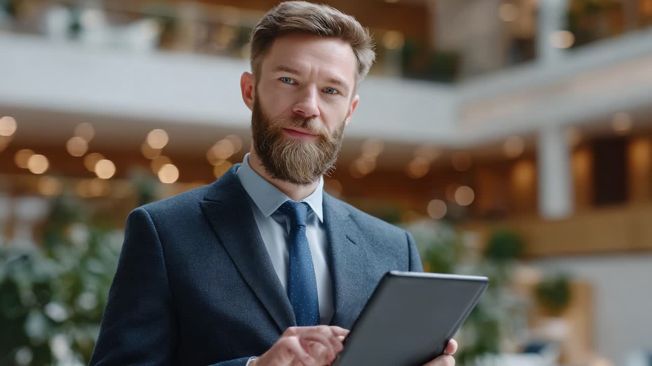 A Professional Man in a Suit Engaged with a Tablet in a Modern Corporate Environment, Showcasing Business Communication and Digital Interaction