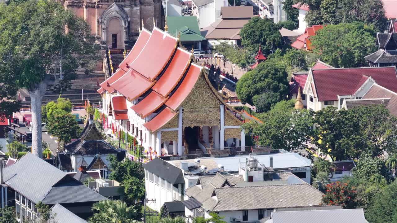 Traditional Thai architecture, Temple at historical site, Chiang Mai. Aerial cultural landmark