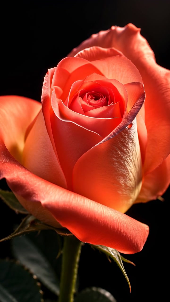 Una vista ravvicinata segue una rosa arancione corallo mentre i petali esterni si aprono maggiormente attorno al centro arricciato, mentre minuscole goccioline d'acqua catturano la luce calda contro uno sfondo scuro.