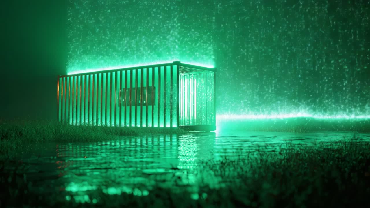 Eerie scene featuring a glowing green container sitting in a puddle during a torrential downpour, creating a surreal and mysterious atmosphere with its reflection rippling on the water