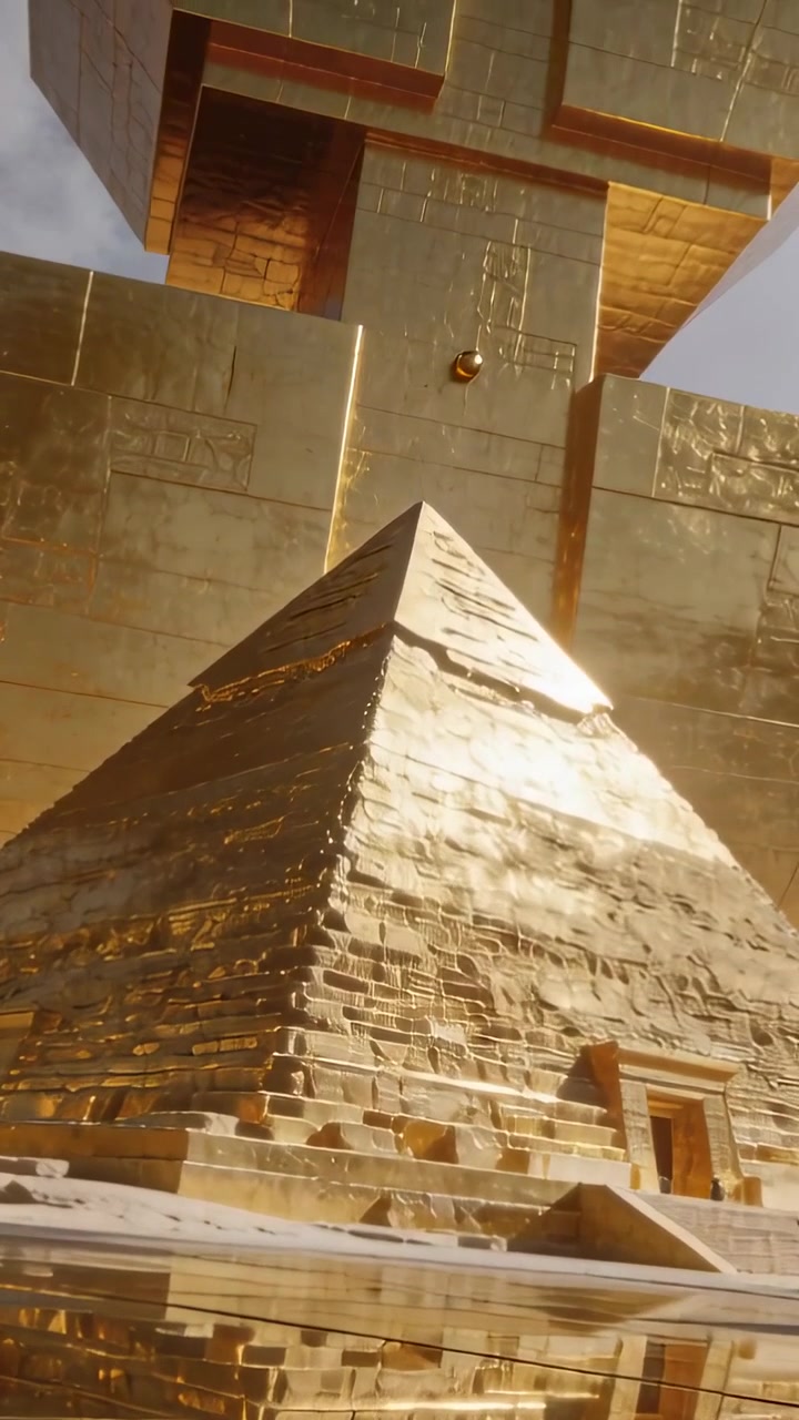 Vertikální video: Naklánějící se kamera odhaluje stupňovitou zlatou pyramidu na náměstí s odrazovou vodní plochou, měřítko.