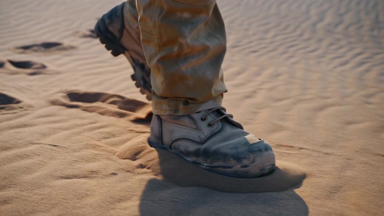 Close-up view follows dusty boots and tan trouser legs stepping over fine wind-shaped sand, leaving visible tracks while warm sunlight creates strong shadows across textured ground.