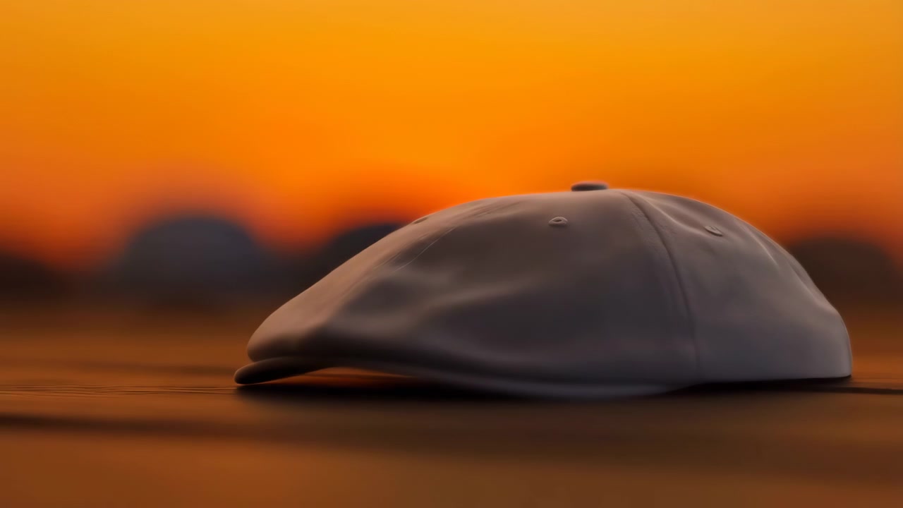 Row of baseball caps arranged on flat surface against vivid orange and gold sky, with soft foreground blur, sharp midground detail, gentle backlight, and clean product display composition