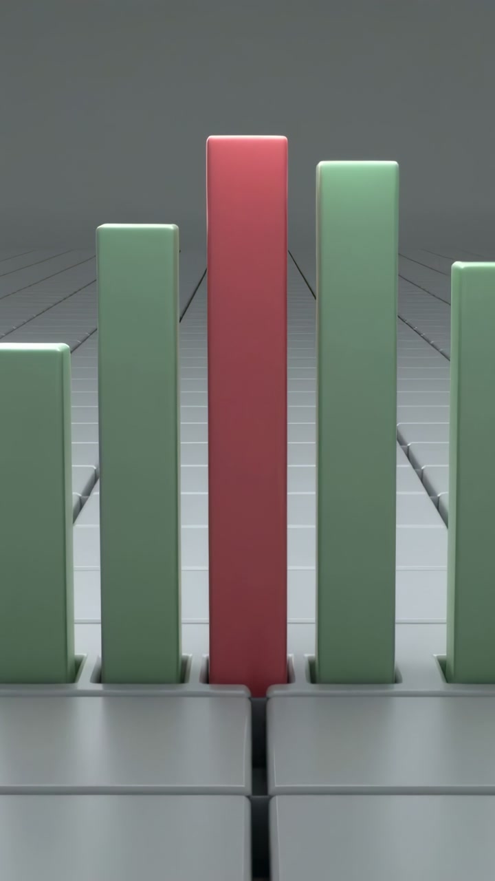 Vertical video: Dollying forward, center red bar staying as green bars rising, studio showing shift