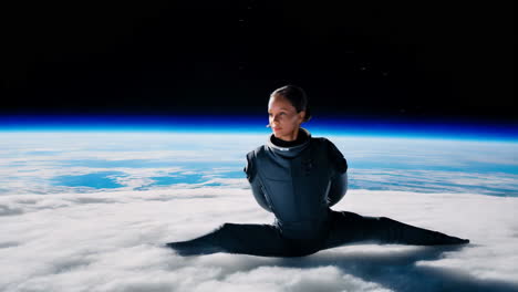astronaut performing splits above earth's atmosphere