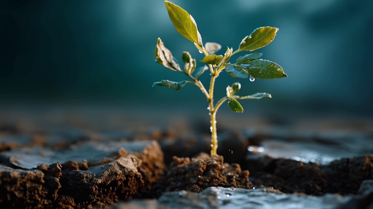 Un piccolo germoglio verde si fa strada attraverso la terra crepata. La rugiada luccica sulle nuove foglie fragili. Lo sfondo scuro contrasta la fragile speranza. La sopravvivenza fiorisce da un terreno arido.