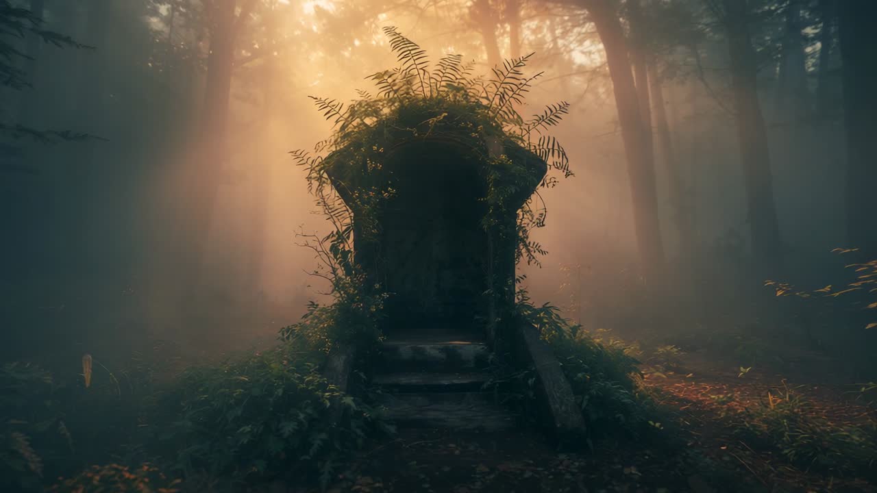 Pushing camera onto worn stone throne in misty woods, sunlight brightening, revealing moss and ivy