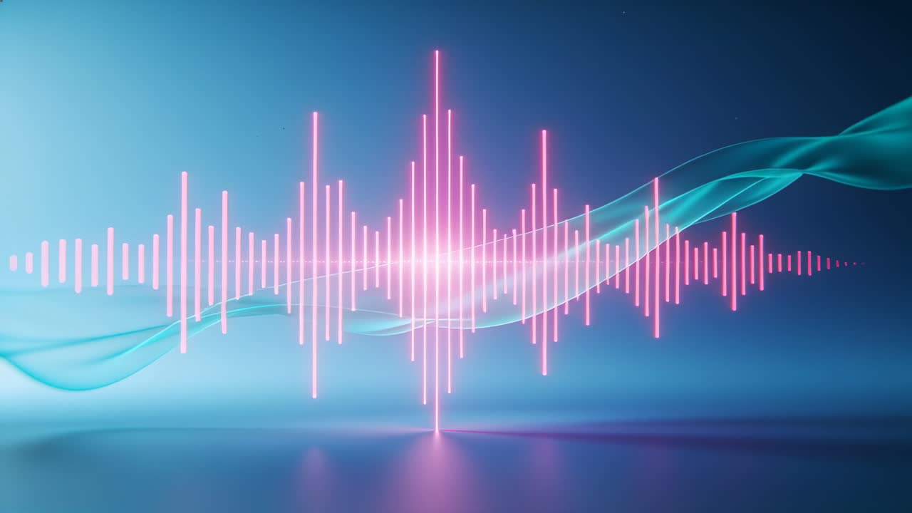 Animating pink waveform bars on mirrored floor, glowing core, teal ribbon, blue gradient backdrop