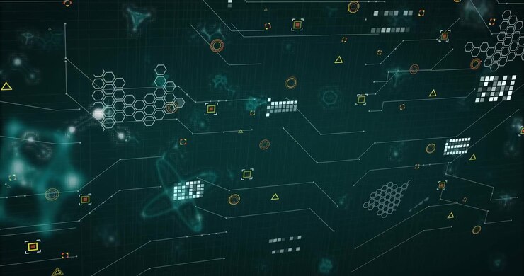 Glødende atomstruktur svæver i hologram, forbinder sekskantede klynger og pixel-arrays.