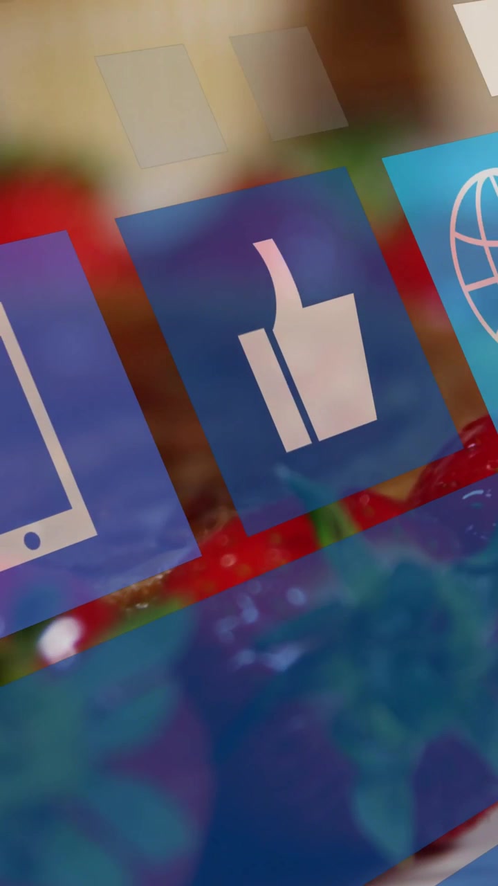 Video verticale: Cursore a campana che compare, causando lo scorrimento diagonale di tessere trasparenti che rivelano icone come notifiche.