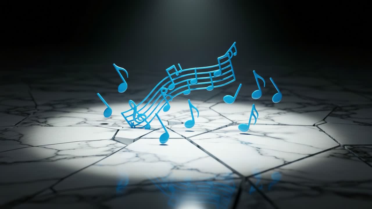 A Vibrant Display of Musical Notes Floating in a Dimly Lit Environment, Capturing the Essence of Melody in a Modern, Artistic Interpretation