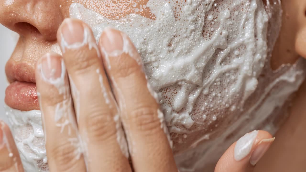 Adult woman rubbing foamy cleanser on lower face at sink, hand entering pressing fingers to cleanse
