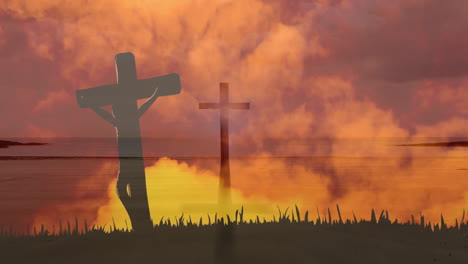 animation of christian crosses over landscape with clouds background