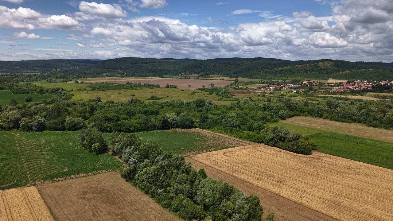 An expansive aerial view reveals diverse agricultural fields, lush forests, and a charming village under a cloudy sky, highlighting rural beauty.