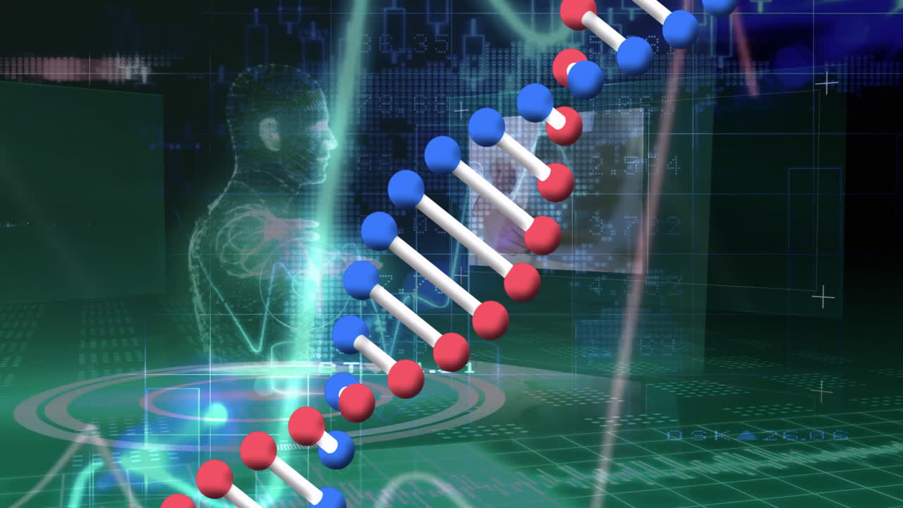 DNA strand and binary coding, processing scientific data in animation style
