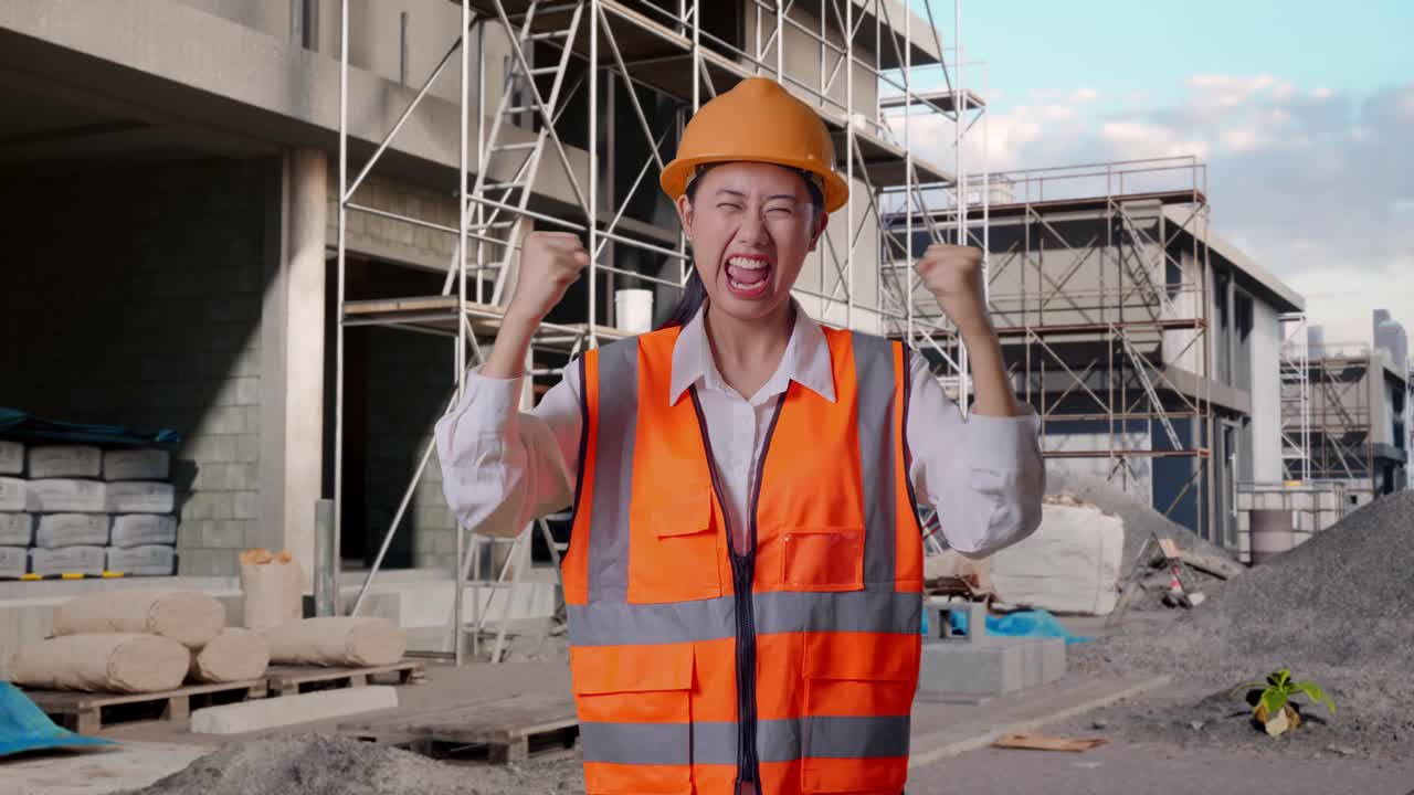 Asian Female Engineer With Safety Helmet Screaming Goal Celebrating Working At Construction Site in Progress to New House