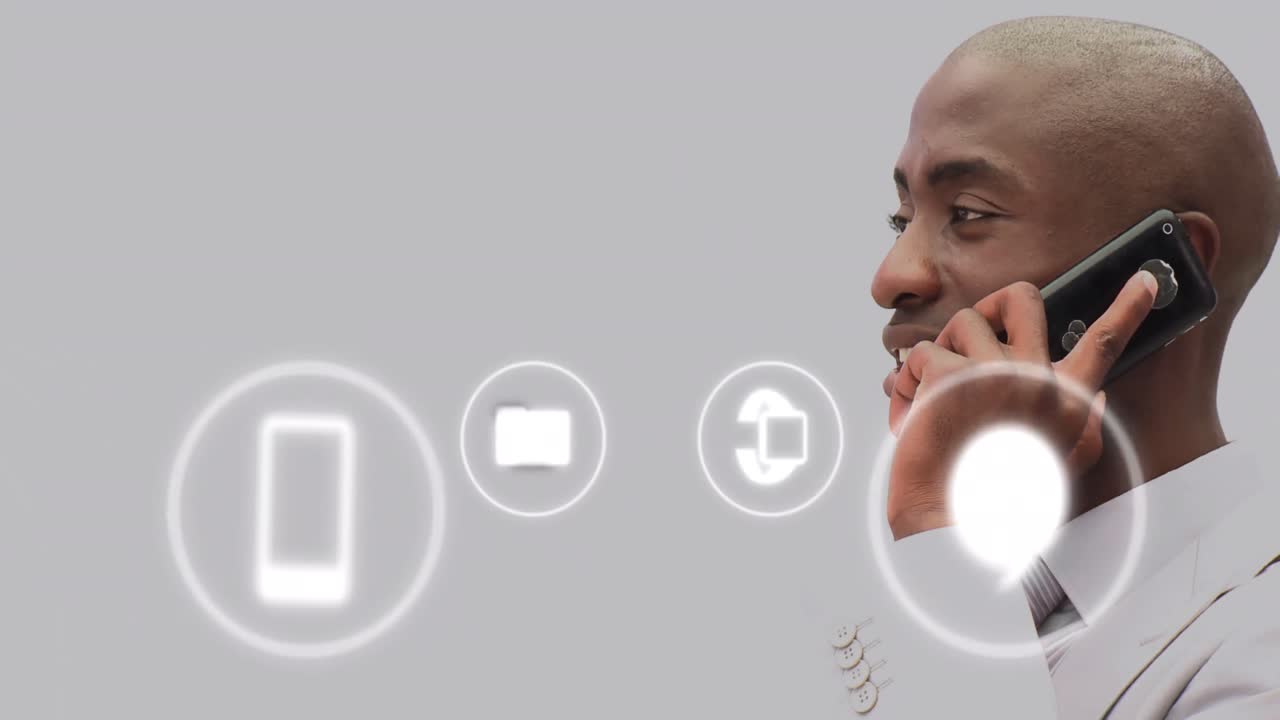 animación de iconos y procesamiento de datos sobre empresario afroamericano en la oficina