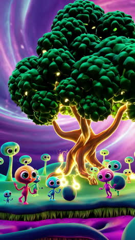 whimsical alien landscape with luminous tree and colorful creatures