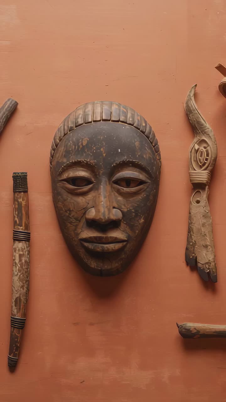 Video verticale: carrellata che mostra una maschera intagliata su una parete della galleria e un elemento curvo, spazio per il testo